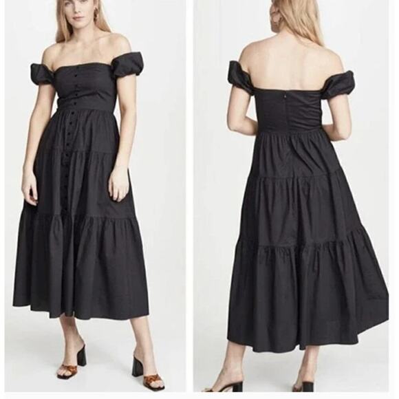 Staud Elio Dress Off The Shoulder Midi Black Cotton Size 10 - Picture 1 of 11